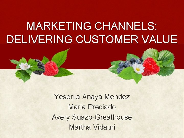 MARKETING CHANNELS: DELIVERING CUSTOMER VALUE Yesenia Anaya Mendez Maria Preciado Avery Suazo-Greathouse Martha Vidauri