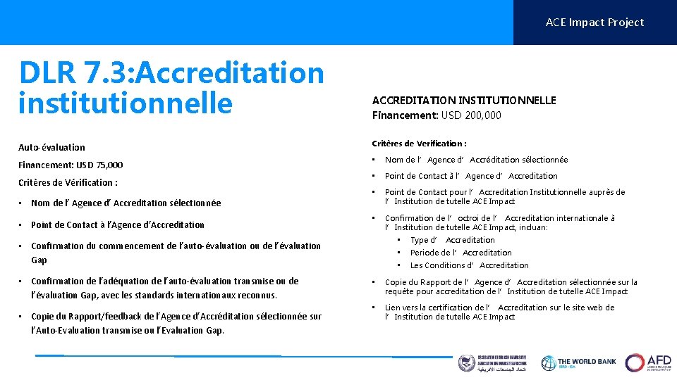 ACE Impact Project DLR 7. 3: Accreditation institutionnelle ACCREDITATION INSTITUTIONNELLE Financement: USD 200, 000