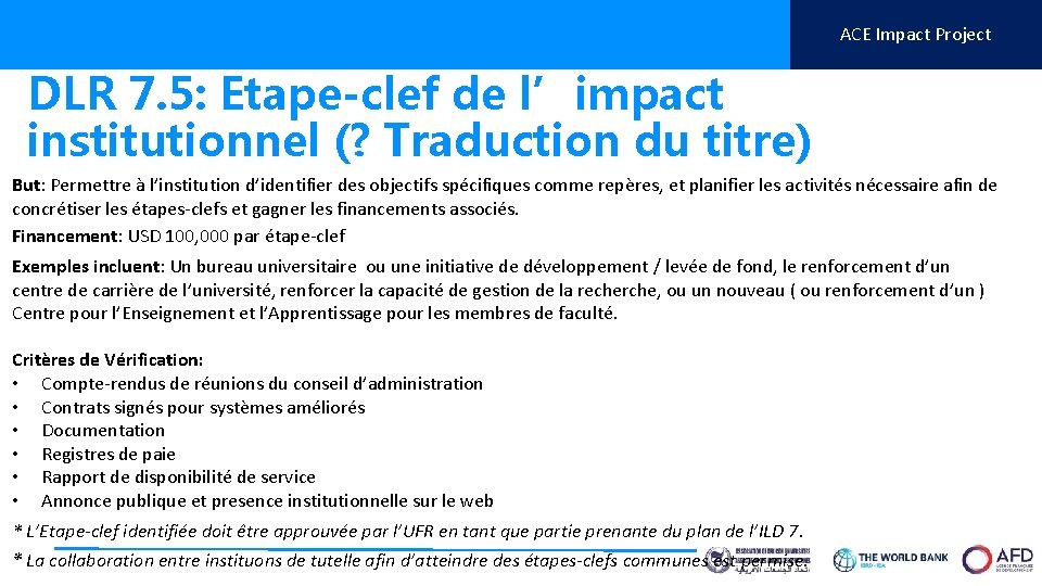 ACE Impact Project DLR 7. 5: Etape-clef de l’impact institutionnel (? Traduction du titre)