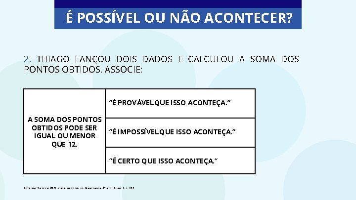 É POSSÍVEL OU NÃO ACONTECER? 2. THIAGO LANÇOU DOIS DADOS E CALCULOU A SOMA