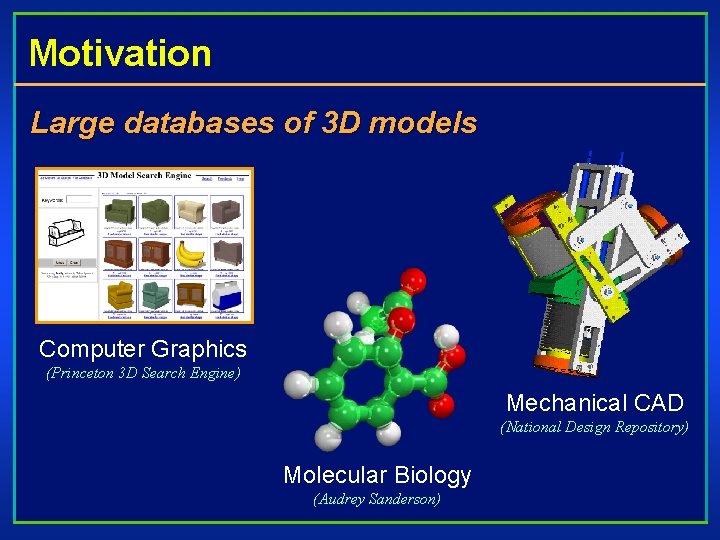 Motivation Large databases of 3 D models Computer Graphics (Princeton 3 D Search Engine)