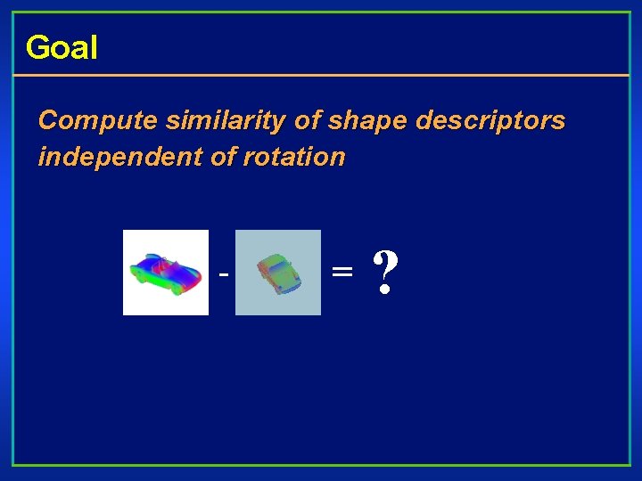 Goal Compute similarity of shape descriptors independent of rotation - = ? 
