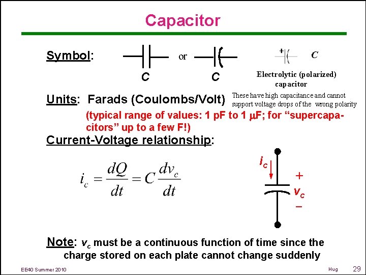 Capacitor Symbol: C or C C Units: Farads (Coulombs/Volt) Electrolytic (polarized) capacitor These have