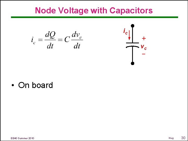 Node Voltage with Capacitors ic + vc – • On board EE 40 Summer