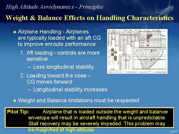 High Altitude Aerodynamics - Principles Weight & Balance Effects on Handling Characteristics ● Airplane