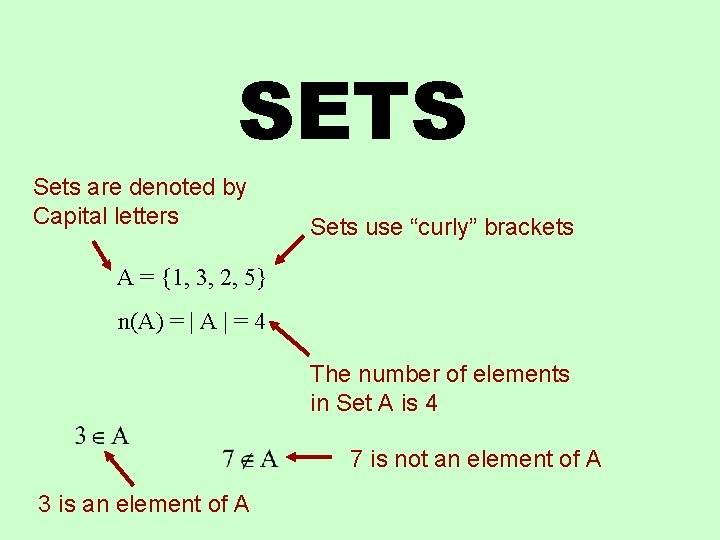 SETS Sets are denoted by Capital letters Sets use “curly” brackets A = {1,