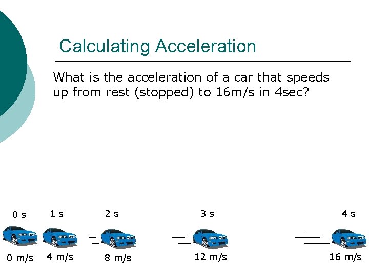 Calculating Acceleration What is the acceleration of a car that speeds up from rest