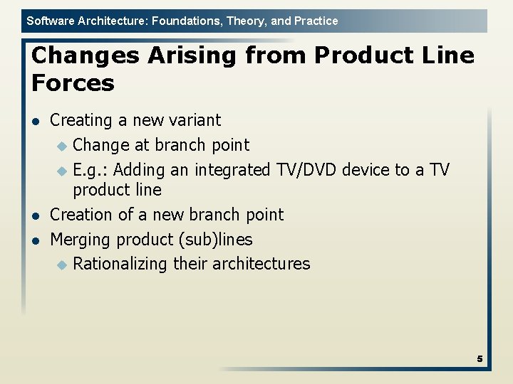 Software Architecture: Foundations, Theory, and Practice Changes Arising from Product Line Forces l l