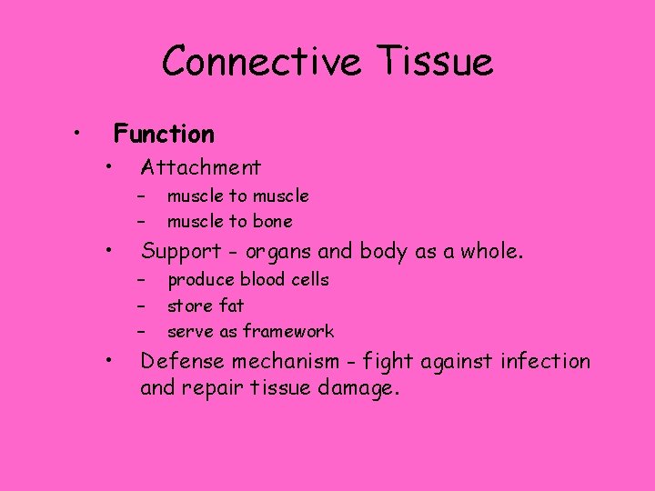 Connective Tissue • Function • Attachment – – • Support - organs and body