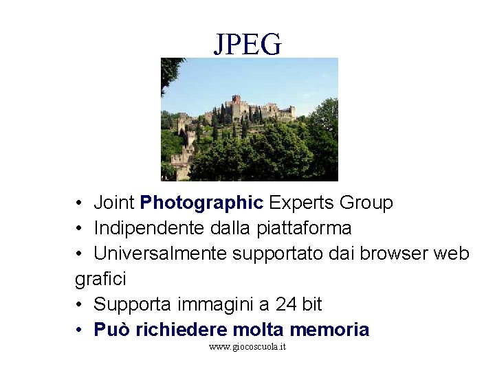 JPEG • Joint Photographic Experts Group • Indipendente dalla piattaforma • Universalmente supportato dai