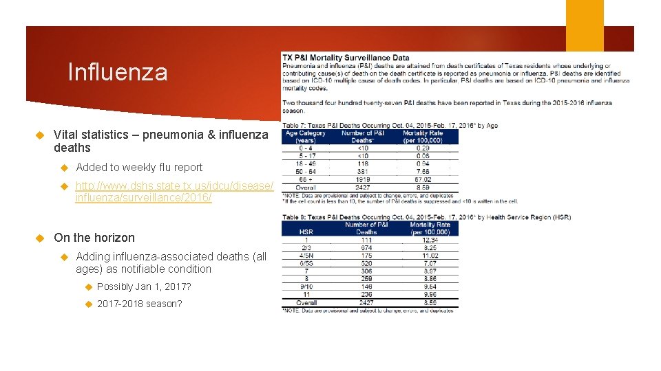 Influenza Vital statistics – pneumonia & influenza deaths Added to weekly flu report http: