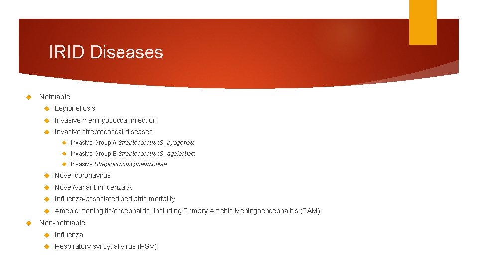 IRID Diseases Notifiable Legionellosis Invasive meningococcal infection Invasive streptococcal diseases Invasive Group A Streptococcus