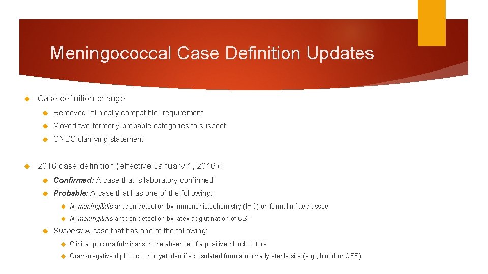Meningococcal Case Definition Updates Case definition change Removed “clinically compatible” requirement Moved two formerly