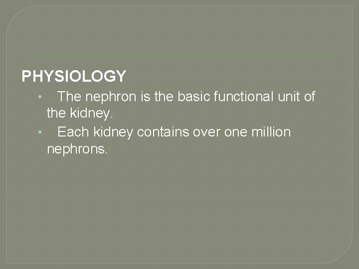 PHYSIOLOGY The nephron is the basic functional unit of the kidney. • Each kidney