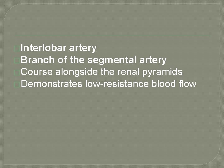 �Interlobar artery �Branch of the segmental artery �Course alongside the renal pyramids �Demonstrates low-resistance