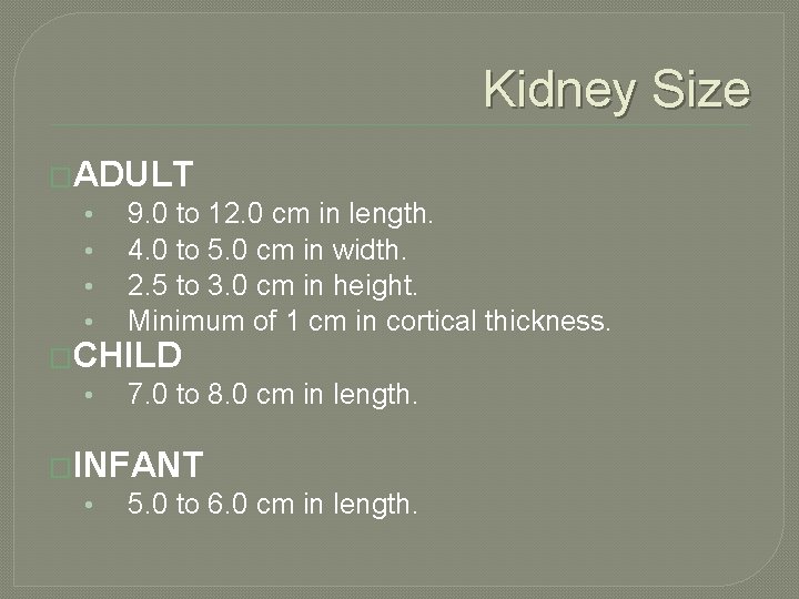 Kidney Size �ADULT • 9. 0 to 12. 0 cm in length. • 4.