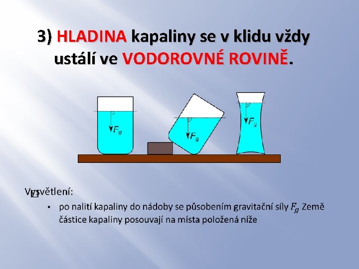 3) HLADINA kapaliny se v klidu vždy ustálí ve VODOROVNÉ ROVINĚ. � 