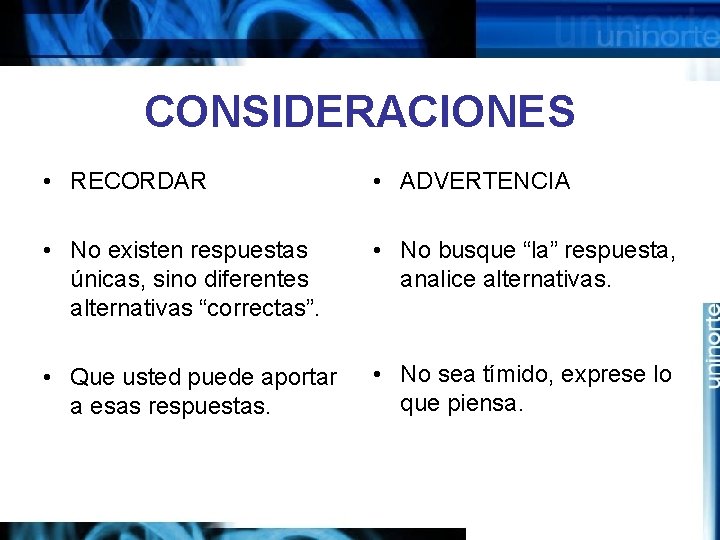 CONSIDERACIONES • RECORDAR • ADVERTENCIA • No existen respuestas únicas, sino diferentes alternativas “correctas”.