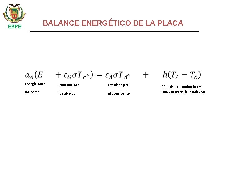 BALANCE ENERGÉTICO DE LA PLACA ESPE Energía solar Irradiada por Incidente la cubierta el