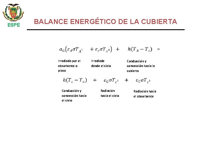 ESPE BALANCE ENERGÉTICO DE LA CUBIERTA = Irradiada por el absorbente o placa Conducción