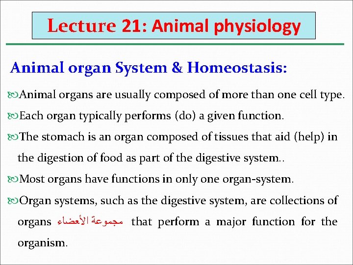 Lecture 21: Animal physiology Animal organ System & Homeostasis: Animal organs are usually composed
