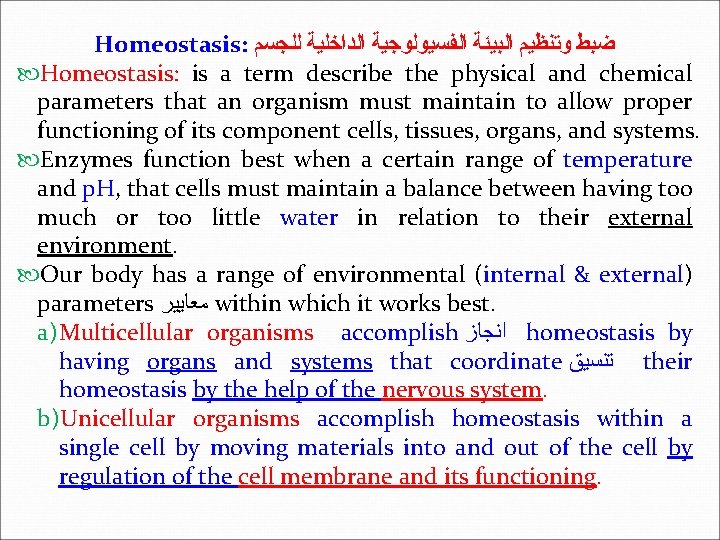 Homeostasis: ﺿﺒﻂ ﻭﺗﻨﻈﻴﻢ ﺍﻟﺒﻴﺌﺔ ﺍﻟﻔﺴﻴﻮﻟﻮﺟﻴﺔ ﺍﻟﺪﺍﺧﻠﻴﺔ ﻟﻠﺠﺴﻢ Homeostasis: is a term describe the physical