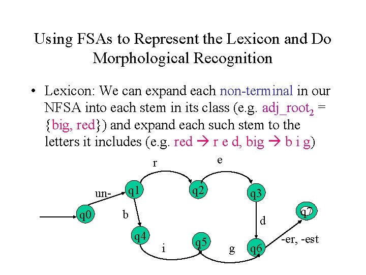 Using FSAs to Represent the Lexicon and Do Morphological Recognition • Lexicon: We can