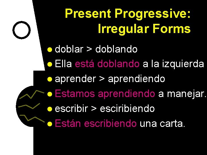 Present Progressive: Irregular Forms l doblar > doblando l Ella está doblando a la