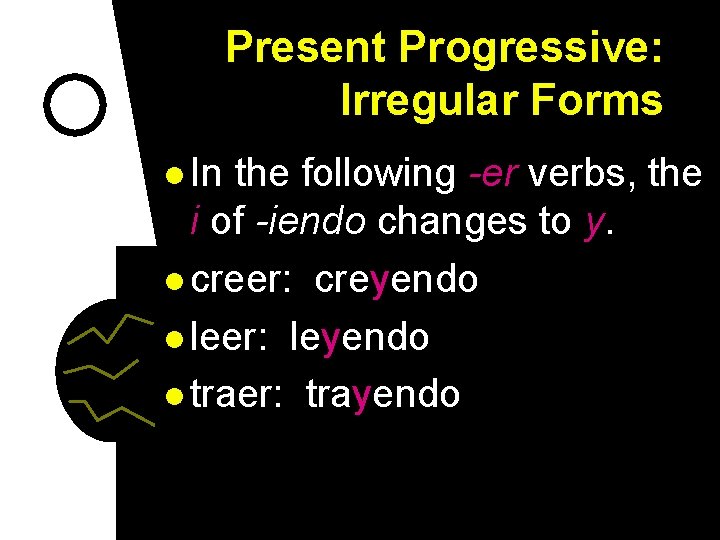 Present Progressive: Irregular Forms l In the following -er verbs, the i of -iendo