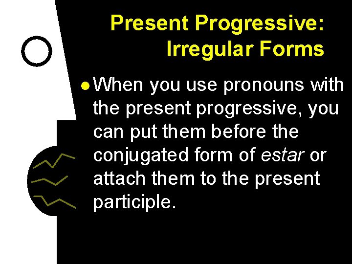 Present Progressive: Irregular Forms l When you use pronouns with the present progressive, you