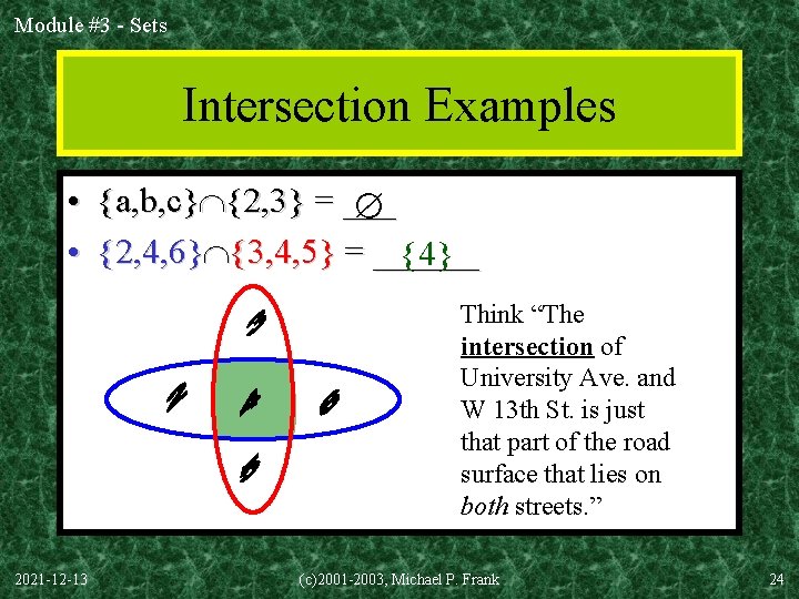 Module #3 - Sets Intersection Examples • {a, b, c} {2, 3} = ___