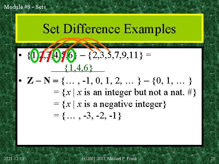 Module #3 - Sets Set Difference Examples • {1, 2, 3, 4, 5, 6}