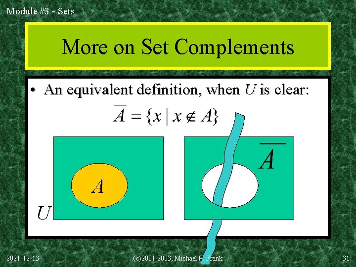 Module #3 - Sets More on Set Complements • An equivalent definition, when U
