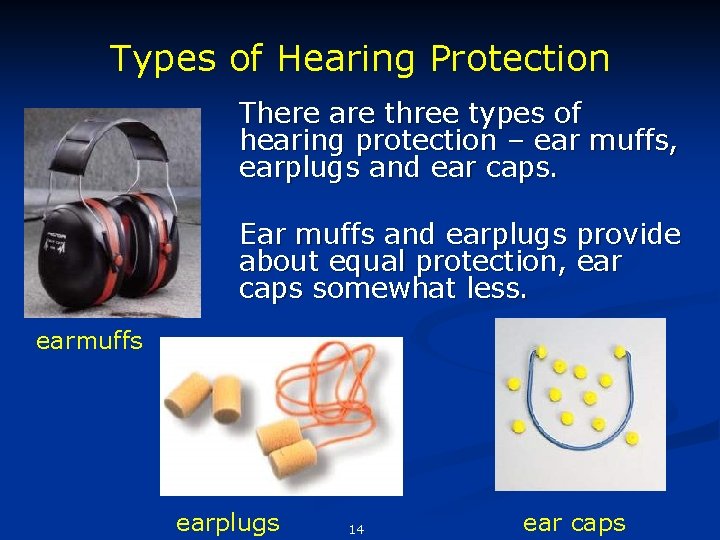 Types of Hearing Protection There are three types of hearing protection – ear muffs,