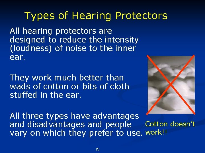 Types of Hearing Protectors All hearing protectors are designed to reduce the intensity (loudness)