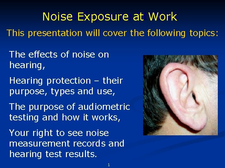 Noise. Exposure at At Work Noise This presentation will cover the following topics: The