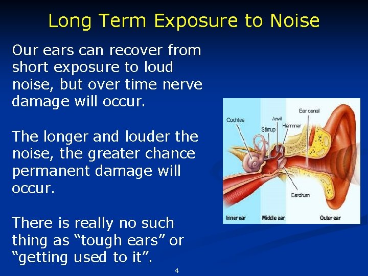 Long Term Exposure to Noise Our ears can recover from short exposure to loud