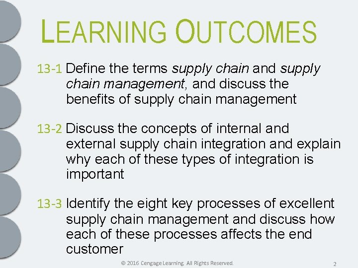 LEARNING OUTCOMES 13 -1 Define the terms supply chain and supply chain management, and