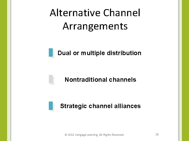 Alternative Channel Arrangements Dual or multiple distribution Nontraditional channels Strategic channel alliances © 2016