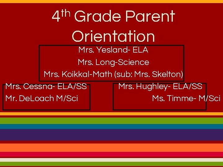 th 4 Grade Parent Orientation Mrs. Yesland- ELA Mrs. Long-Science Mrs. Koikkal-Math (sub: Mrs.