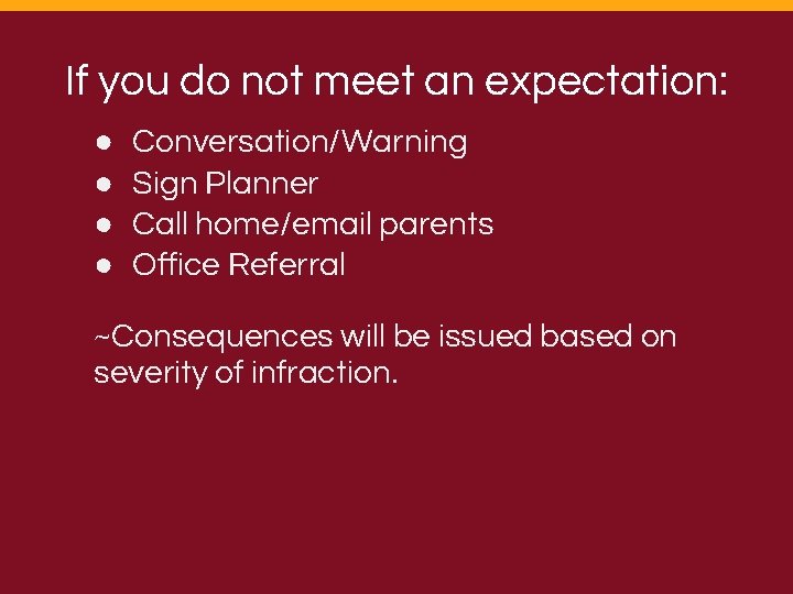 If you do not meet an expectation: ● ● Conversation/Warning Sign Planner Call home/email