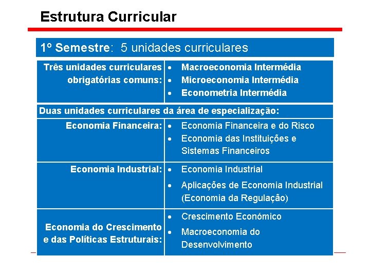 Estrutura Curricular 1º Semestre: 5 unidades curriculares Três unidades curriculares obrigatórias comuns: Macroeconomia Intermédia