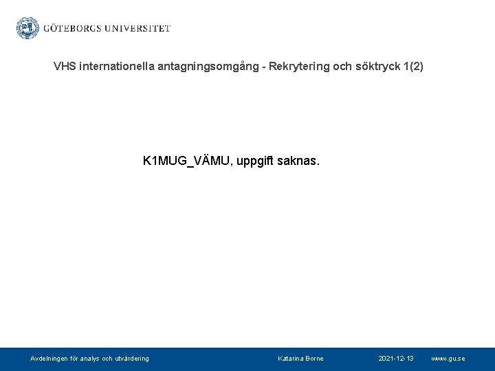 VHS internationella antagningsomgång - Rekrytering och söktryck 1(2) K 1 MUG_VÄMU, uppgift saknas. Avdelningen