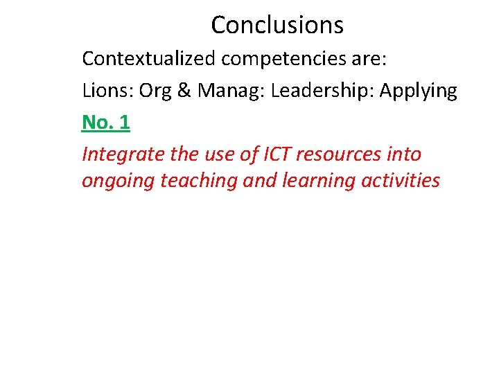 Conclusions Contextualized competencies are: Lions: Org & Manag: Leadership: Applying No. 1 Integrate the