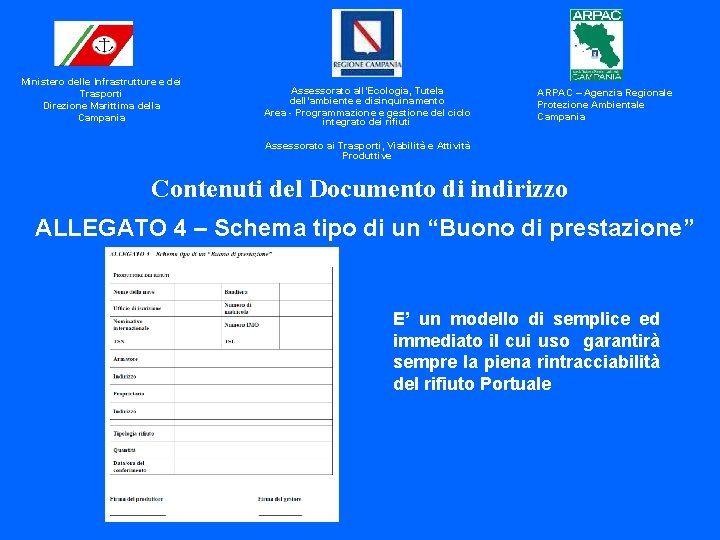 Ministero delle Infrastrutture e dei Trasporti Direzione Marittima della Campania Assessorato all’Ecologia, Tutela dell’ambiente