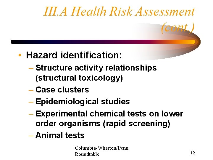 III. A Health Risk Assessment (cont. ) • Hazard identification: – Structure activity relationships
