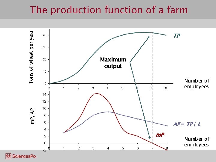 TP Maximum output Number of employees m. P, AP Tons of wheat per year