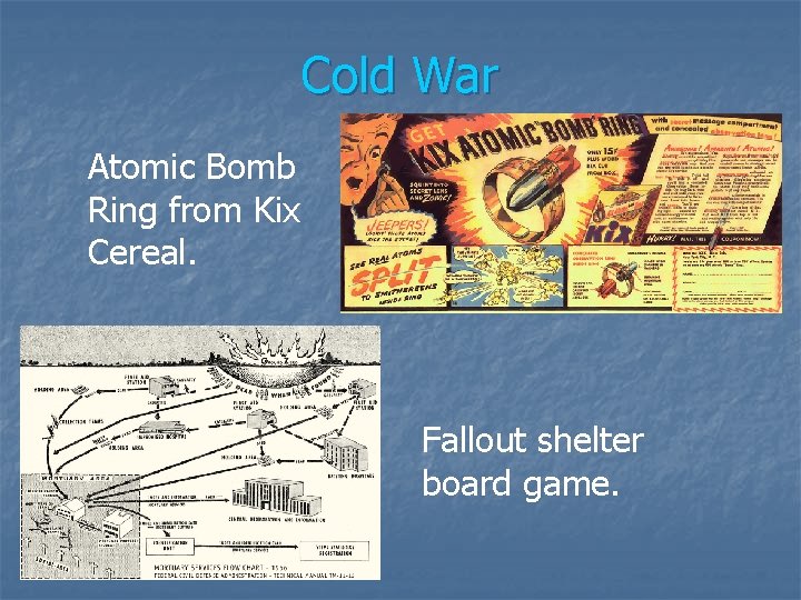 Cold War Atomic Bomb Ring from Kix Cereal. Fallout shelter board game. 