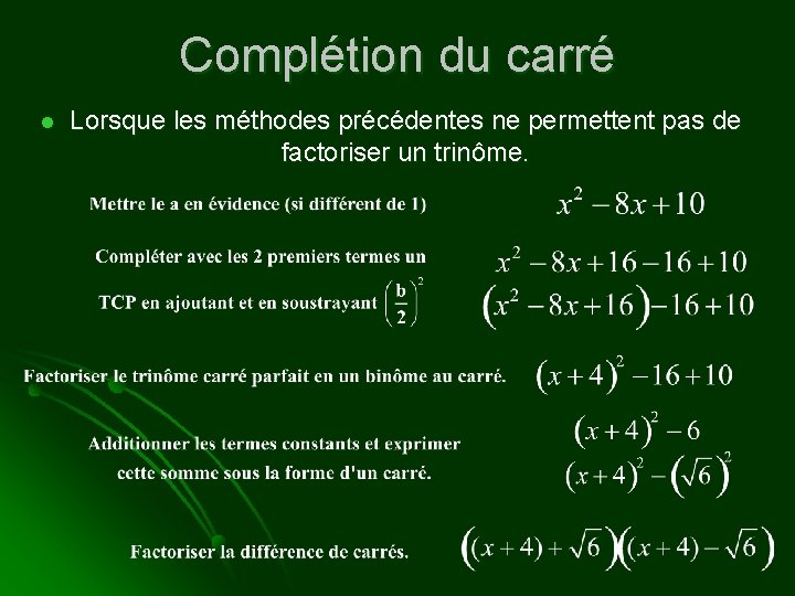 Complétion du carré l Lorsque les méthodes précédentes ne permettent pas de factoriser un