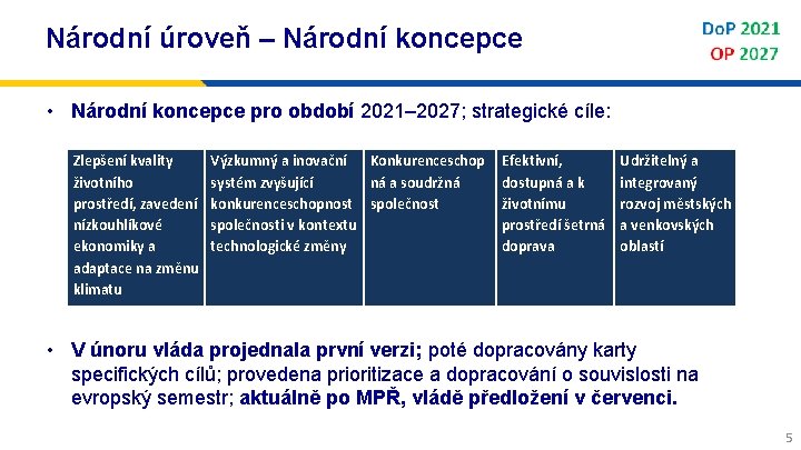 Národní úroveň – Národní koncepce • Národní koncepce pro období 2021– 2027; strategické cíle: